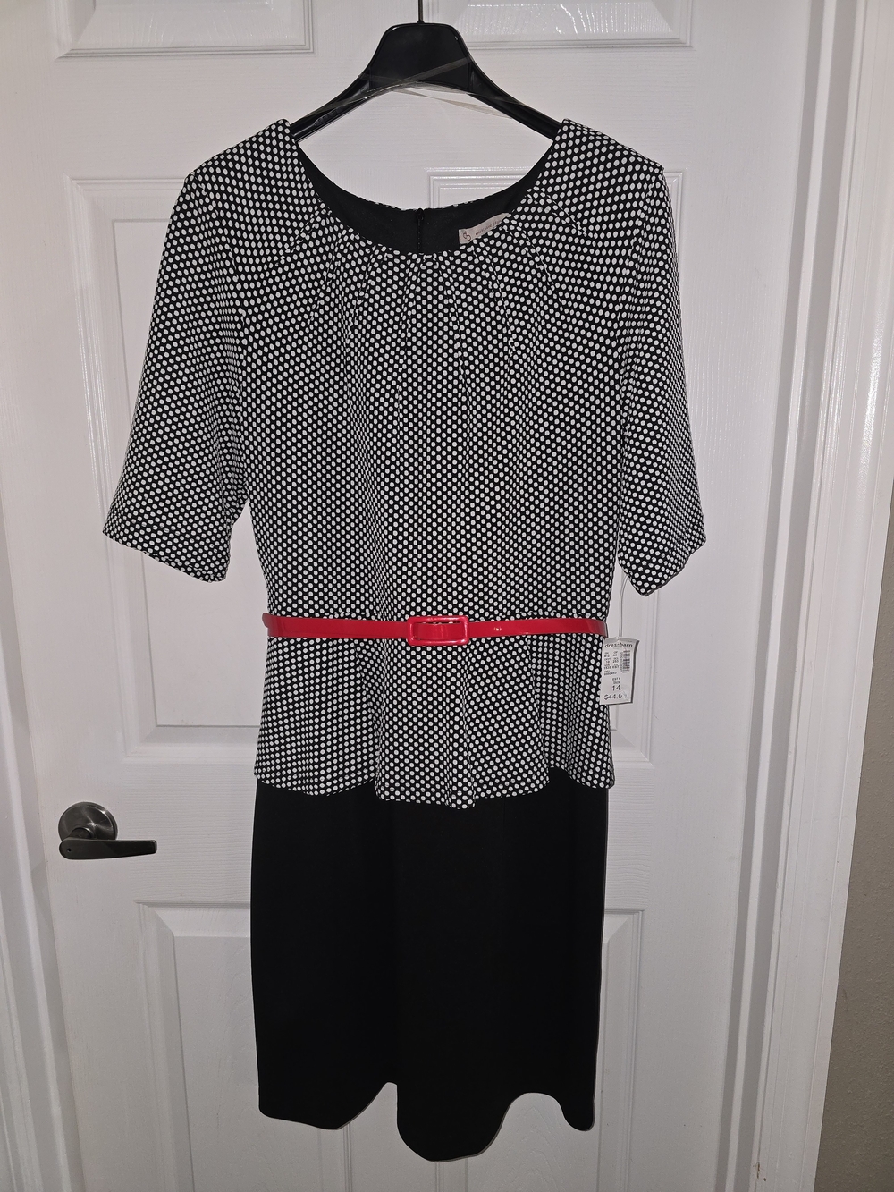 Dress Barn Black and White Polka Dot Peplum Midi Dress with Red Belt NWT